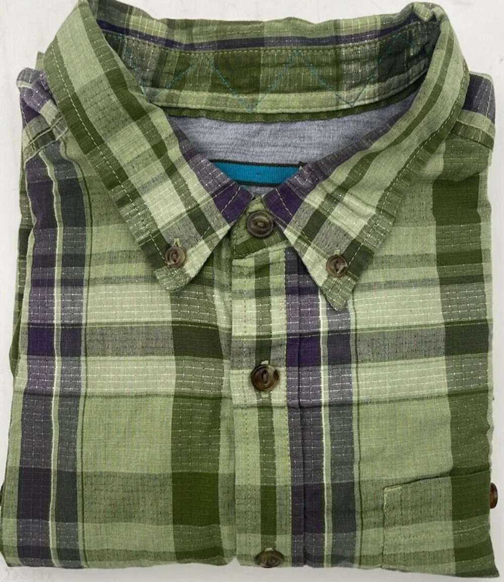 The North Face Button Down Shirt Mens Large Green Plaid TNF Hiking Camping